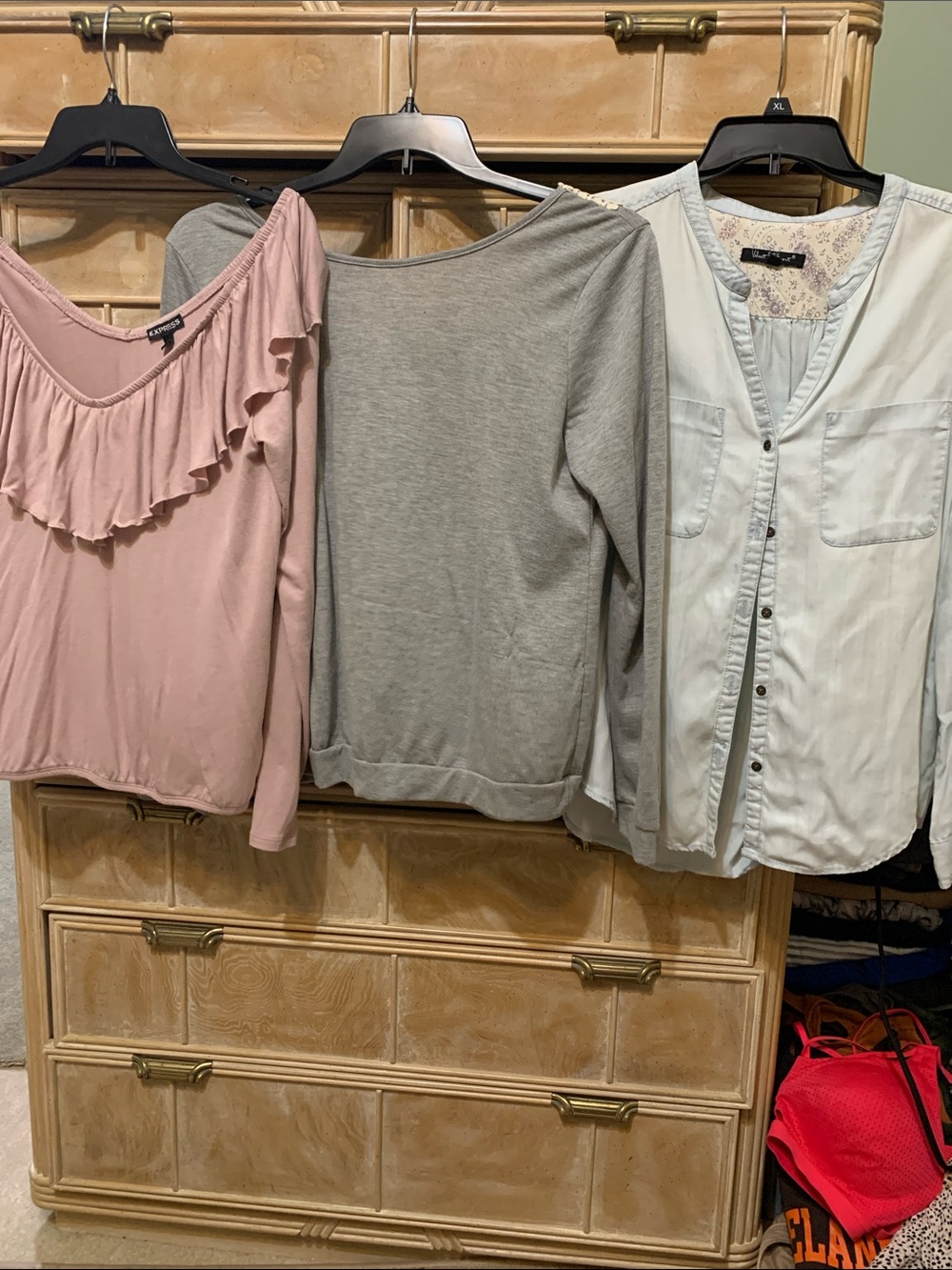 Mauve Ruffle Cold-Shoulder Top, gray open back too, button down top